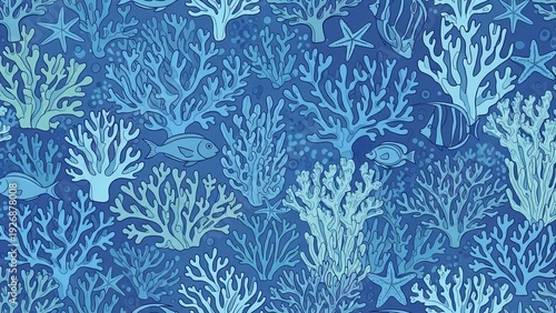 Underwater scene with coral and fish in a vibrant ocean landscape viewed from above
