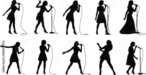 Female singer silhouettes performing with microphones, expressive stage poses in dresses and heels, dynamic vocal performance energy, concert presence, artistic live music