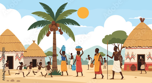 Traditional African village scene with people in tribal clothing carrying water and children running near thatched roof huts.