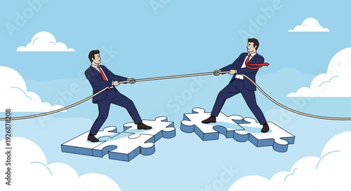 Two businessmen standing on floating puzzle pieces and engaged in a tug of war as a metaphor for corporate competition and conflict.