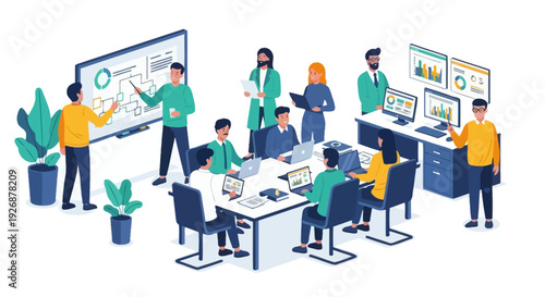 Diverse team collaborating in modern office meeting room.