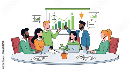 Diverse team collaborating on sustainable business growth strategy.
