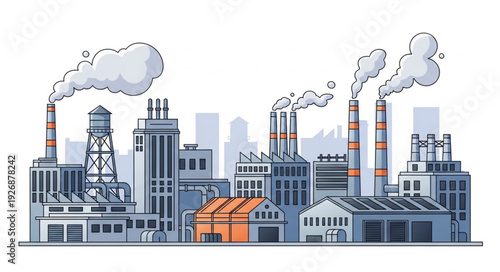 Industrial cityscape with factories emitting smoke, representing pollution and environmental concerns.