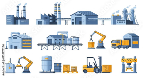 Industrial factory buildings and machinery in a manufacturing environment.