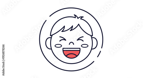 Simple line icon of a happy young boy laughing with his eyes closed and mouth open in a circular frame for childhood themes.