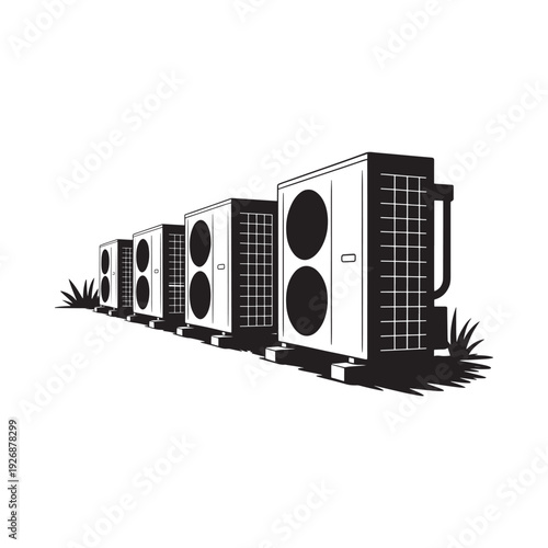 A row of black and white outdoor air conditioning units on grass