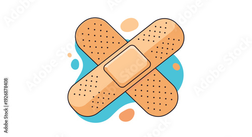 Two adhesive bandages crossed over each other in an X shape on a light blue and orange abstract background for first aid concepts.