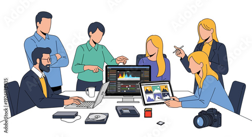 Diverse team collaborating on a video editing project at a modern office table.