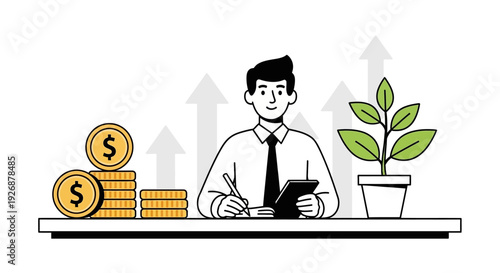 Man working on finances with coins and plant.