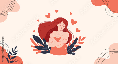 Beautiful young woman with long hair hugging herself in a symbol of self-care and self-love surrounded by hearts and leaves.