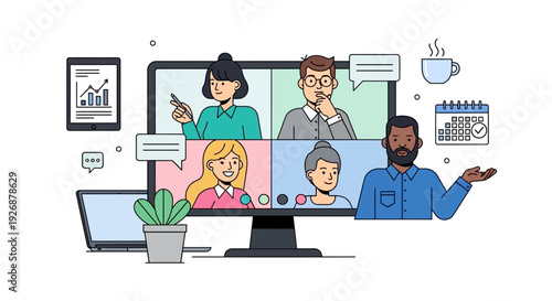 Diverse team collaborating remotely on a video conference call.