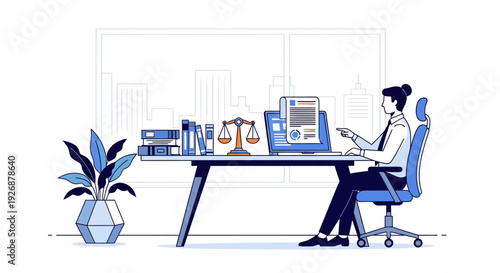 Lawyer working at desk with legal documents and scales of justice.