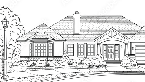 Line drawing of a charming suburban house with a gabled roof, bay windows, and a centered front door. Surrounded by shrubs, trees, and a lamppost.