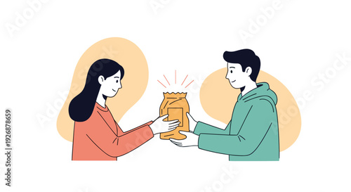 Kind young couple exchanging a paper bag of groceries or a thoughtful gift with warm smiles in a friendly social setting.