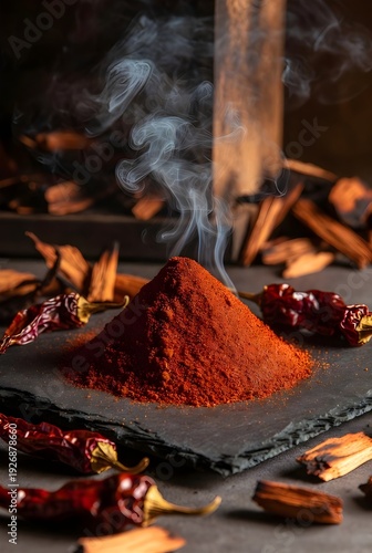 Smoked Paprika Powder Mound with Dried Peppers and Oak Chips. 