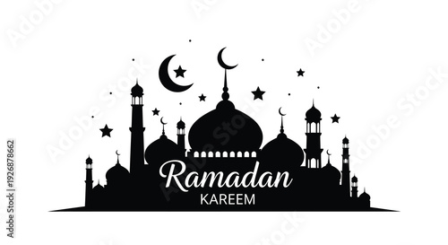 Ramadan kareem greeting with mosque and crescent moon silhouette