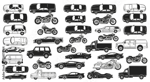 Collection of various vehicles including cars, motorcycles, and trucks in black and white.
