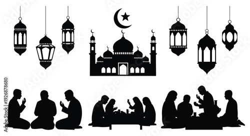 Ramadan decorations with a mosque and praying people silhouette