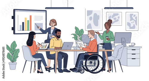 Diverse team collaborating in modern office meeting.