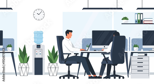 Man working on laptop at office desk.