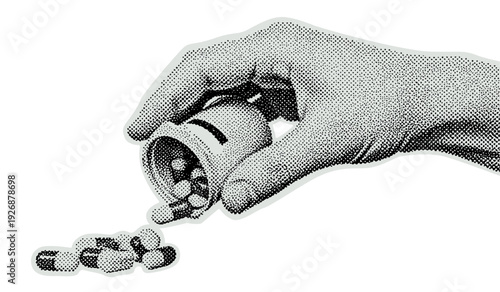 hand pouring capsules from a medicine bottle vintage halftone illustration