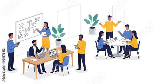 Diverse team collaborating in modern office setting.