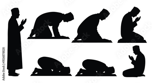 Muslim men in prayer poses a striking black graphic silhouette