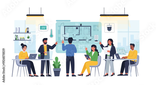 Diverse team collaborating on architectural project blueprint.