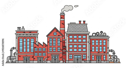 Industrial factory complex with smokestack emitting pollution into the atmosphere, red brick buildings.