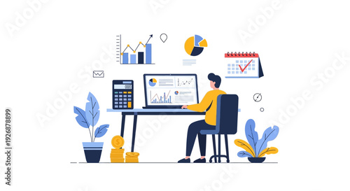 Man working on laptop with financial charts and calculator.