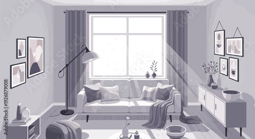 Modern minimalist living room interior with large window and gray decor.