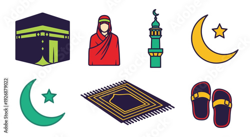 Islamic symbols including the kaaba prayer rug and crescent moon silhouette