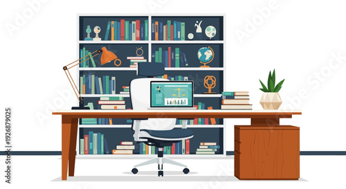 Modern Home Office Desk with Computer and Bookshelf.