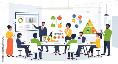 Diverse team in a modern office collaborating on a nutrition presentation.
