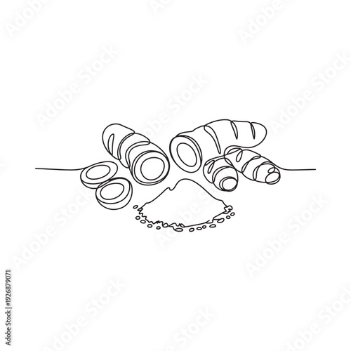 Continuous line drawing of bread loaves and a sprinkle of flour