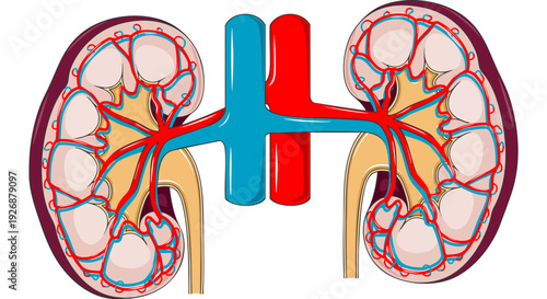 Anatomy of the human kidneys, showing arteries and veins, diagram for medical education