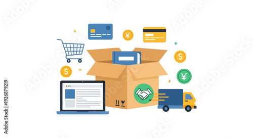 E-commerce Online Shopping & Delivery Concept: Digital Payments, Global Logistics, and Business Transactions for Modern Retail with Laptop, Truck, and Credit Cards.