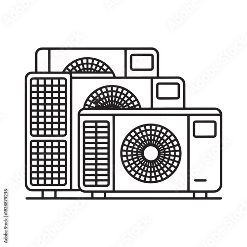 Line art illustration of an outdoor air conditioning unit with details