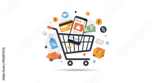 E-commerce Online Shopping Experience: Digital Retail with Shopping Cart, Mobile Payments, Delivery & Discounts