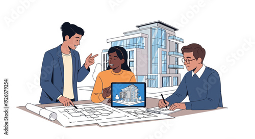 Diverse team of architects collaborating on building design project.