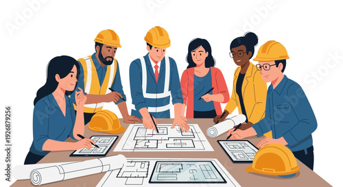 Diverse team of architects and engineers collaborating on construction blueprints.