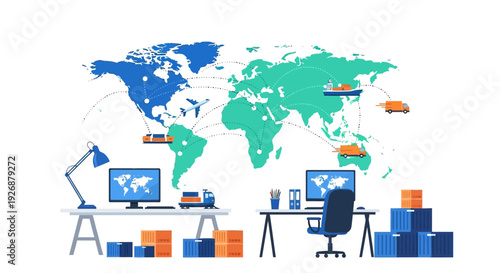 Modern Office Setup with Global Logistics Map and Shipping Boxes.