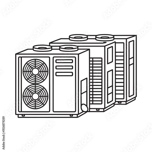 Line drawing depicting three stacked outdoor air conditioning units