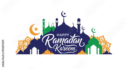 Ramadan kareem greeting with a crescent moon and mosque silhouette