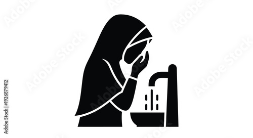 Woman washing hands at a fountain simple black silhouette