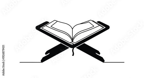 An open holy book with a pen depicted as a stark silhouette