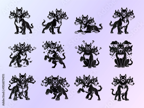 Cerberus Three-Headed Dog Vector Icon Set. Mythological Guardian Collection.