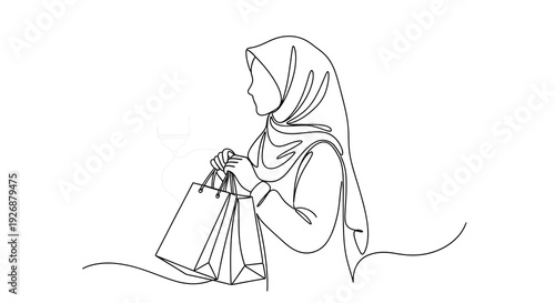 Elegant woman with shopping bag depicted in a flowing line silhouette