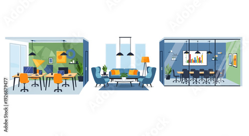 Modern Office Spaces and Meeting Rooms Illustration.