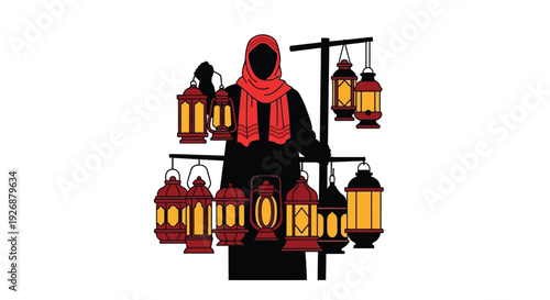 Woman in headscarf stands near illuminated lanterns a striking silhouette
